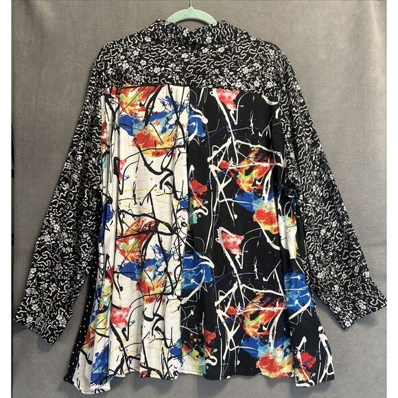 Calessa Button Up Tunic Top Sheer Mixed Print Plus Size 2X Artsy Art to Wear - Picture 7 of 7